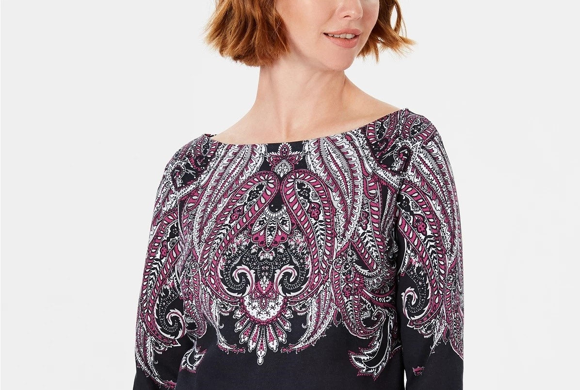 Karen Scott Women's Lile Paisley Boat Neck Top Black Size Medium