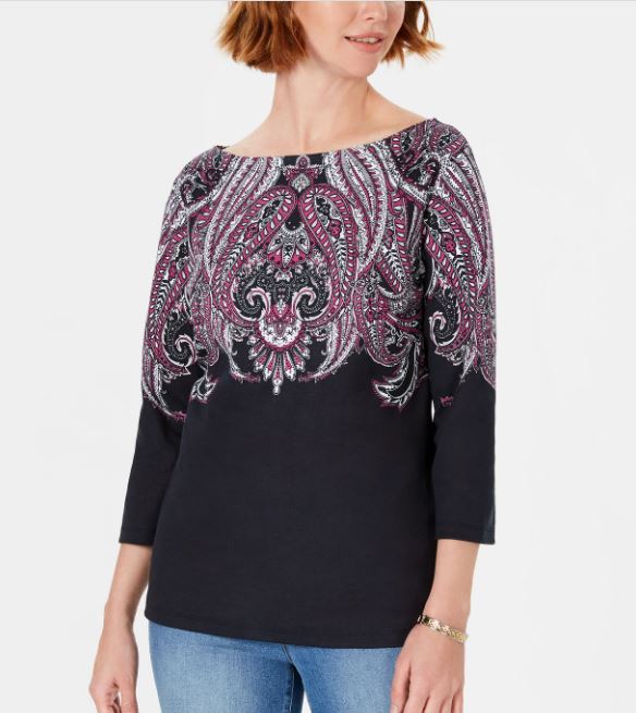 Karen Scott Women's Paisley Boat Neck Top Black Size Petite Small