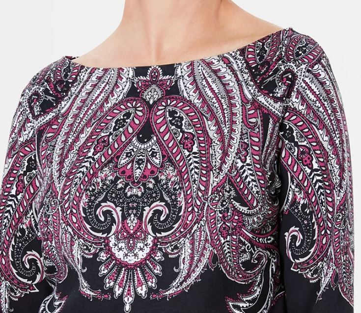 Karen Scott Women's Paisley Boat Neck Top Black Size Petite Small