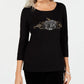 Karen Scott Women's 3/4 Sleeve Embellished Cotton Top Black Size X-Large