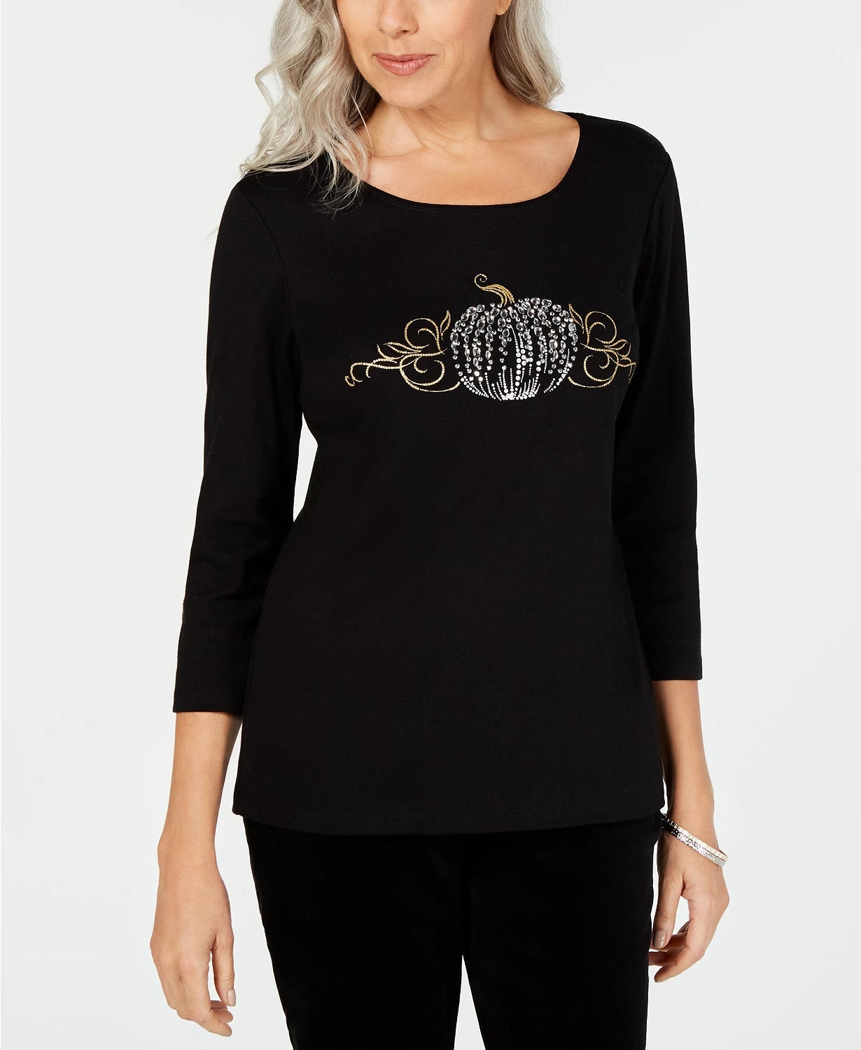 Karen Scott Women's 3/4 Sleeve Embellished Cotton Top Black Size X-Large