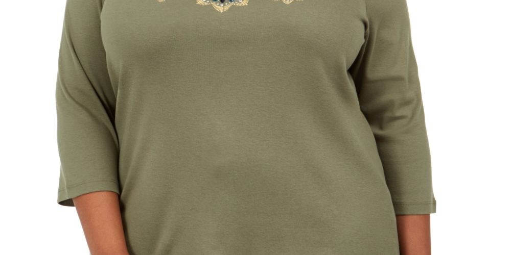 Karen Scott Women's Cotton Sequined Graphic Top Green Size 0X