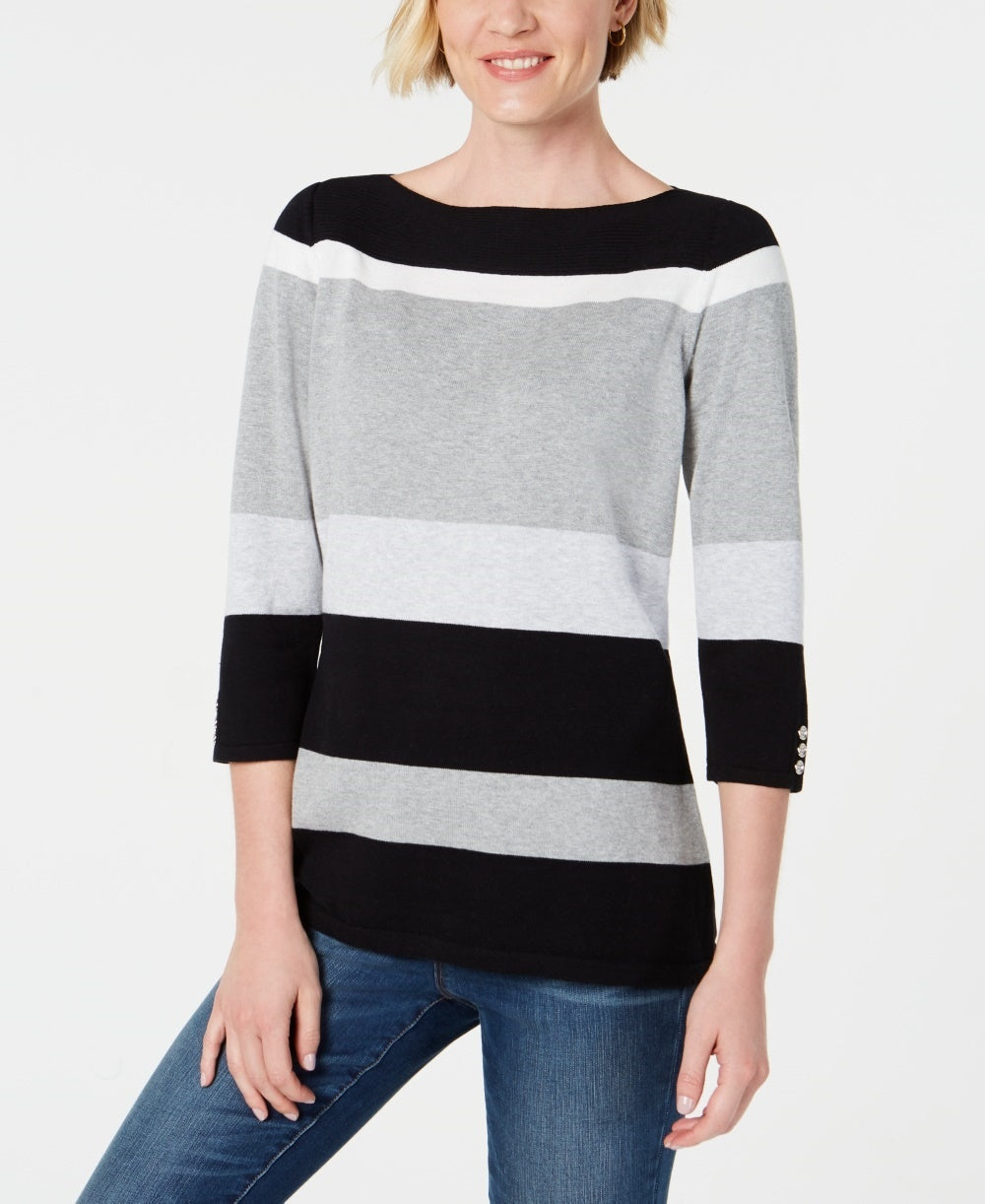 Karen Scott Women's Striped Boatneck Sweater Black Size Large
