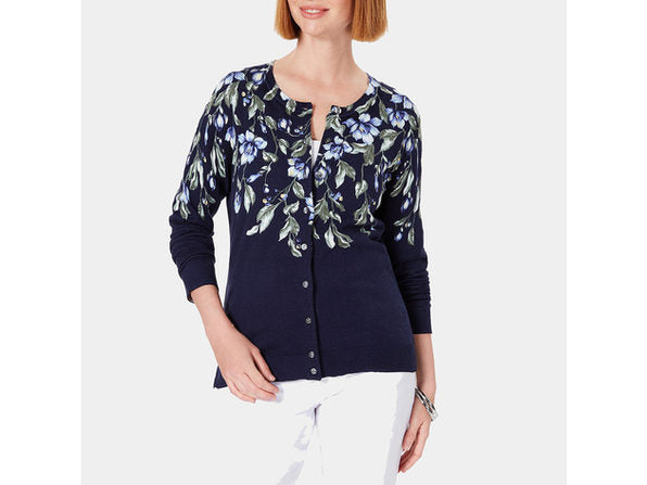 Karen Scott Women's Floral Print Cardigan Navy Size Medium