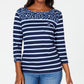 Karen Scott Women's Sport Floral-Yoke Striped Top Navy Size X-Small