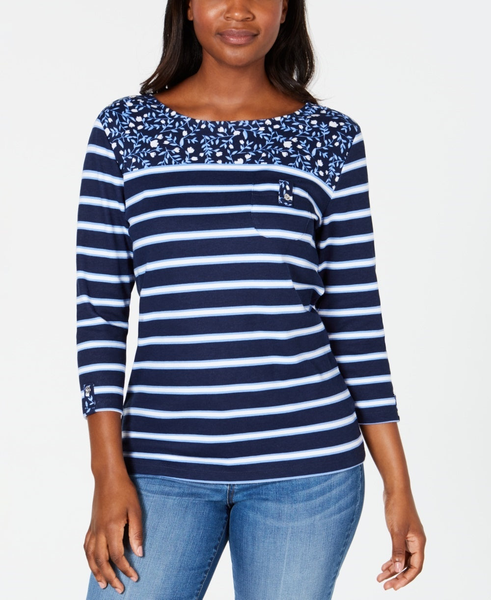 Karen Scott Women's Sport Floral-Yoke Striped Top Navy Size X-Small