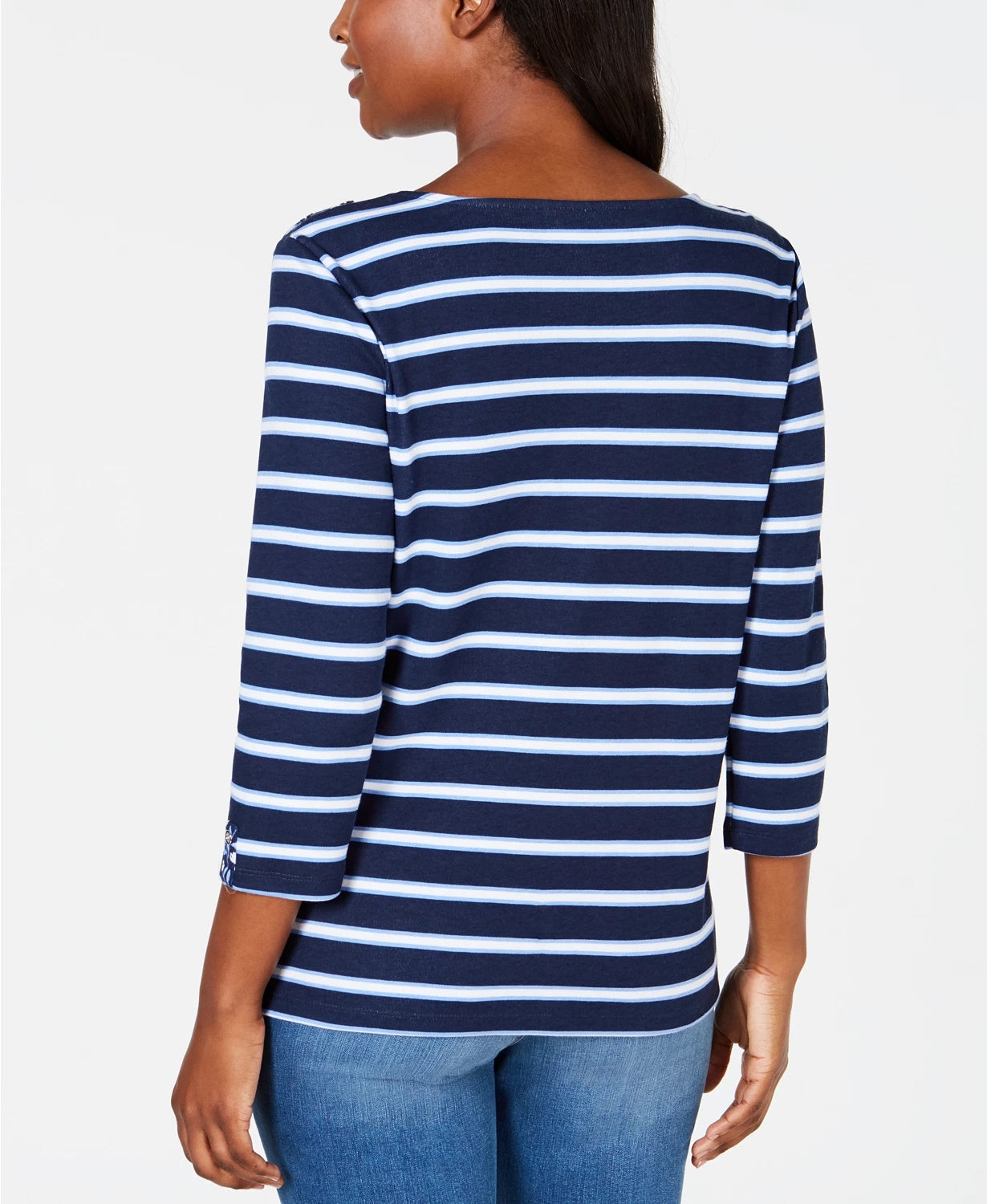 Karen Scott Women's Sport Floral-Yoke Striped Top Navy Size X-Small