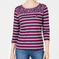 Karen Scott Women's Floral Yoke Striped Top Red Size Medium