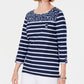 Karen Scott Women's Ditsy Floral & Striped Pocket Top Navy Size Petite Small