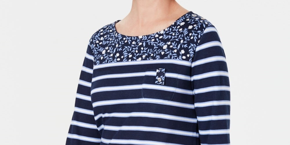 Karen Scott Women's Ditsy Floral & Striped Pocket Top Navy Size Petite Small