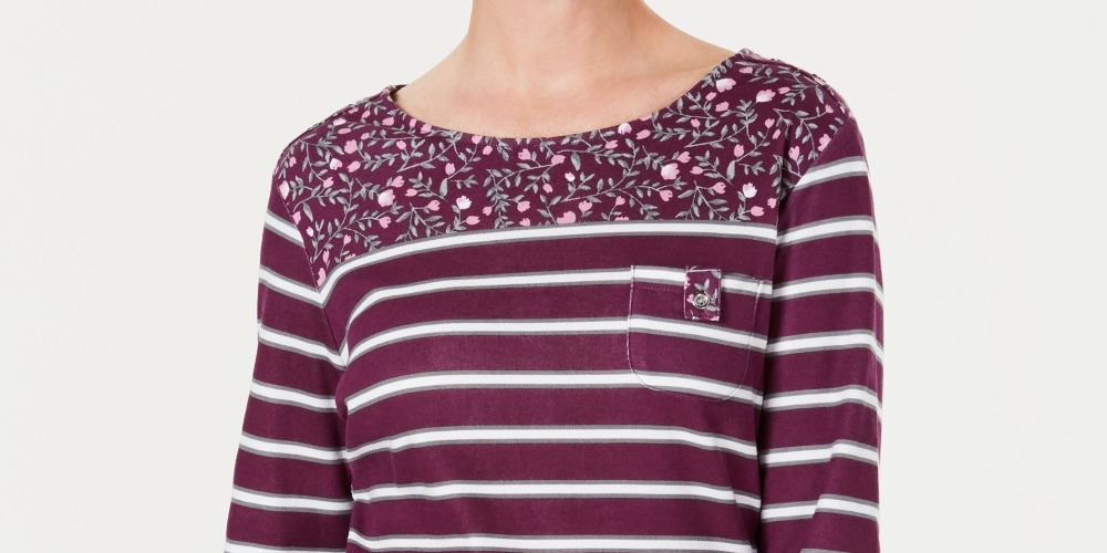 Karen Scott Women's Petite Ditsy Floral & Striped Pocket Top Red Size Petite Large