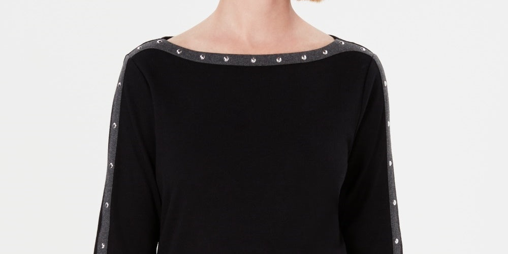 Karen Scott Women's Stud-Trim 3/4-Sleeve Top Black Size Small