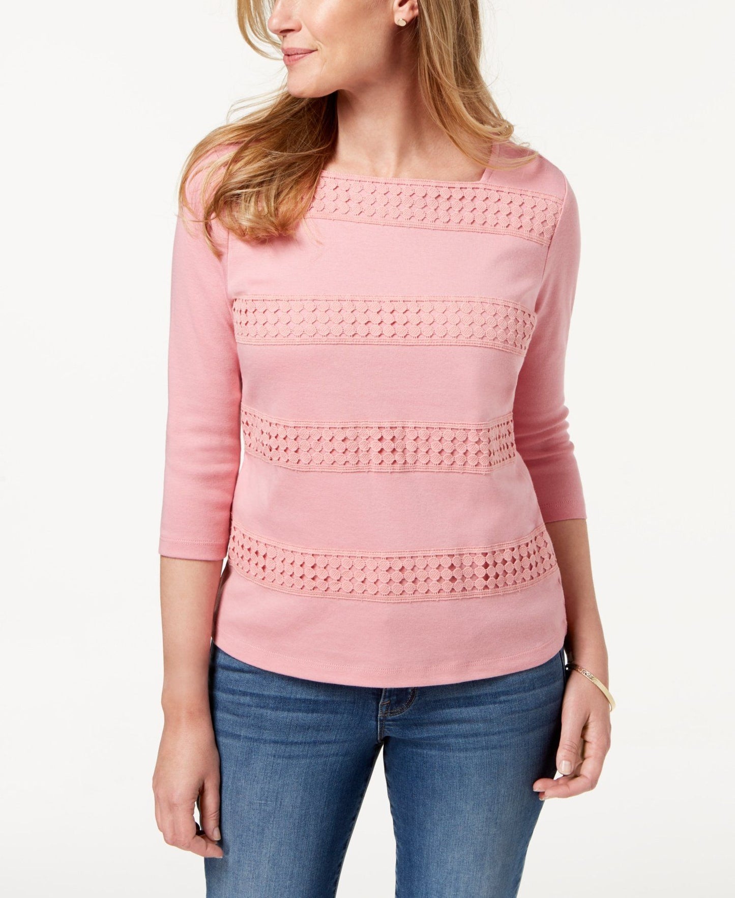 Karen Scott Women's Square Neck Lace Stripe Top Pink Size Small