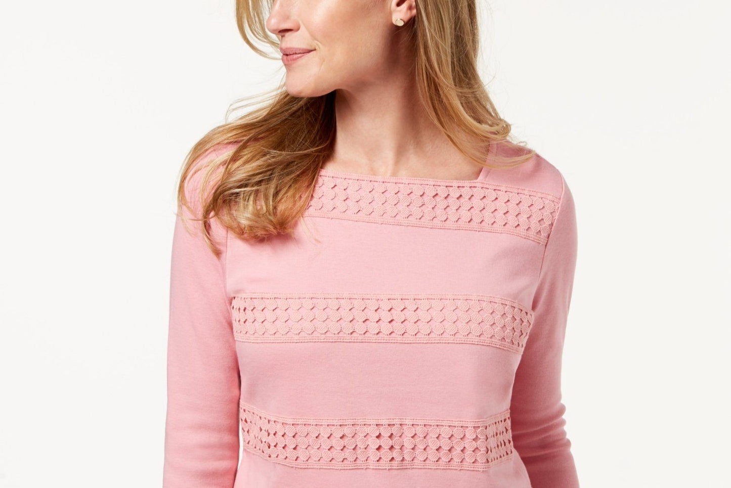 Karen Scott Women's Square Neck Lace Stripe Top Pink Size Small
