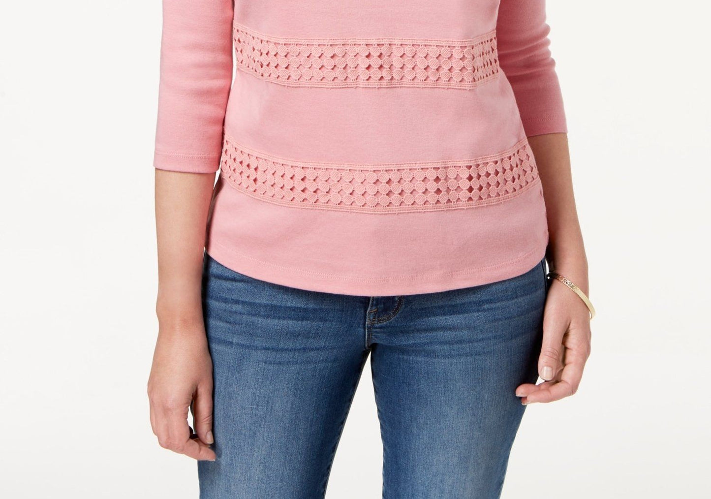 Karen Scott Women's Square Neck Lace Stripe Top Pink Size Small