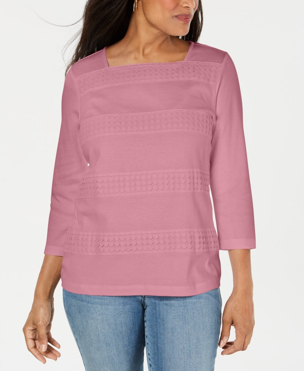 Karen Scott Women's Petite Lace Square-Neck 3/4-Sleeve Top Pink Large