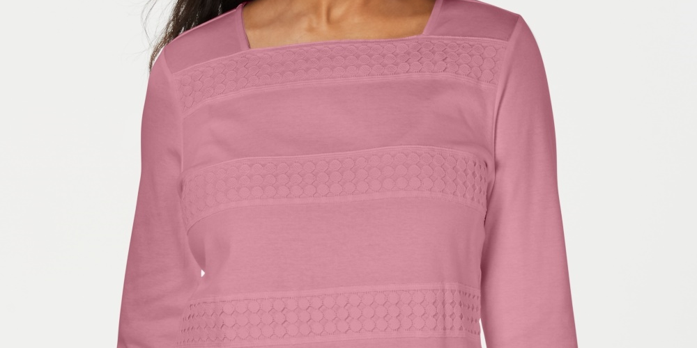 Karen Scott Women's Petite Lace Square-Neck 3/4-Sleeve Top Pink Large