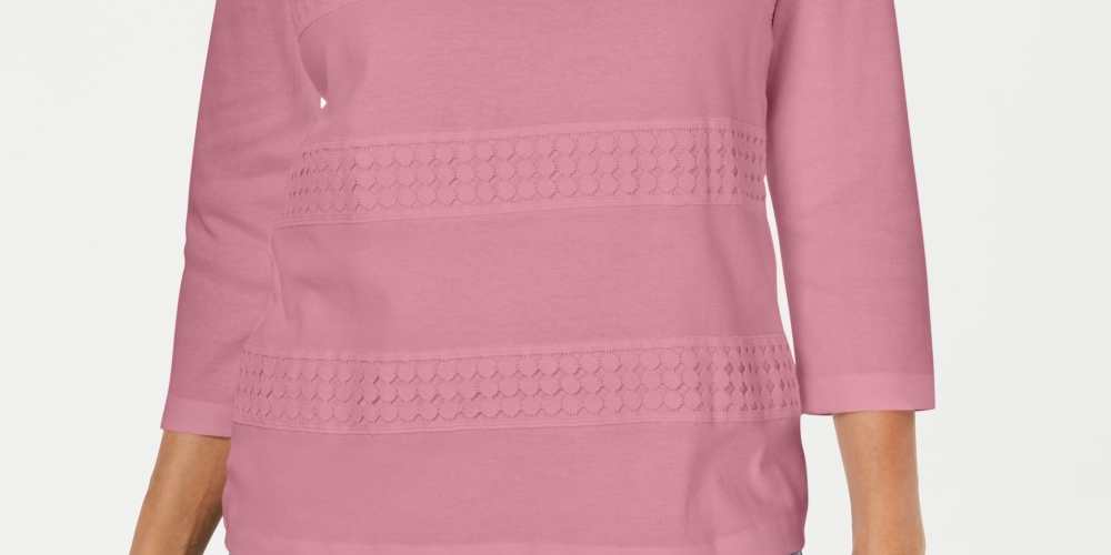 Karen Scott Women's Petite Lace Square-Neck 3/4-Sleeve Top Pink Large