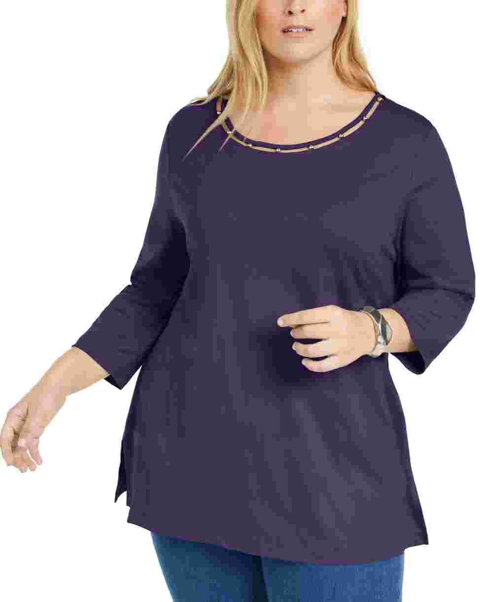 Karen Scott Women's Plus Size Beaded Cutout-Neck Tunic Purple Size 0X