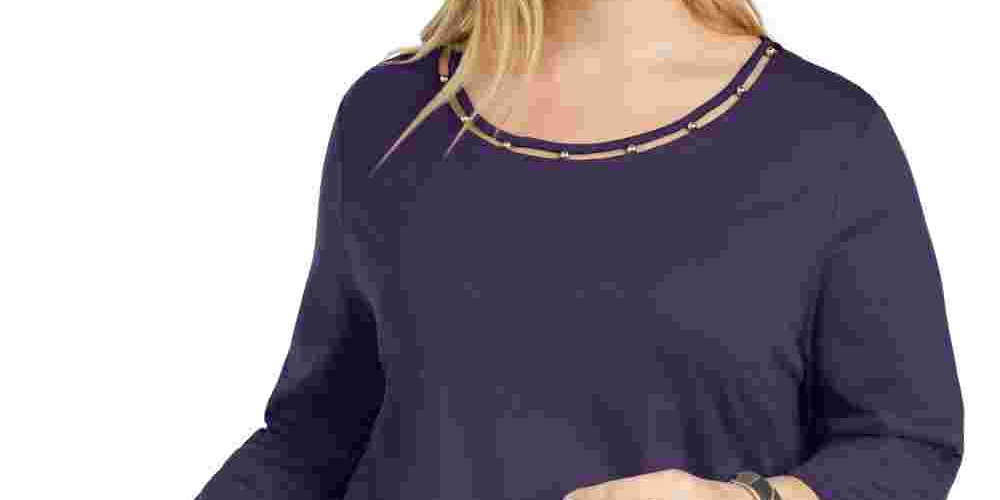 Karen Scott Women's Plus Size Beaded Cutout-Neck Tunic Purple Size 0X