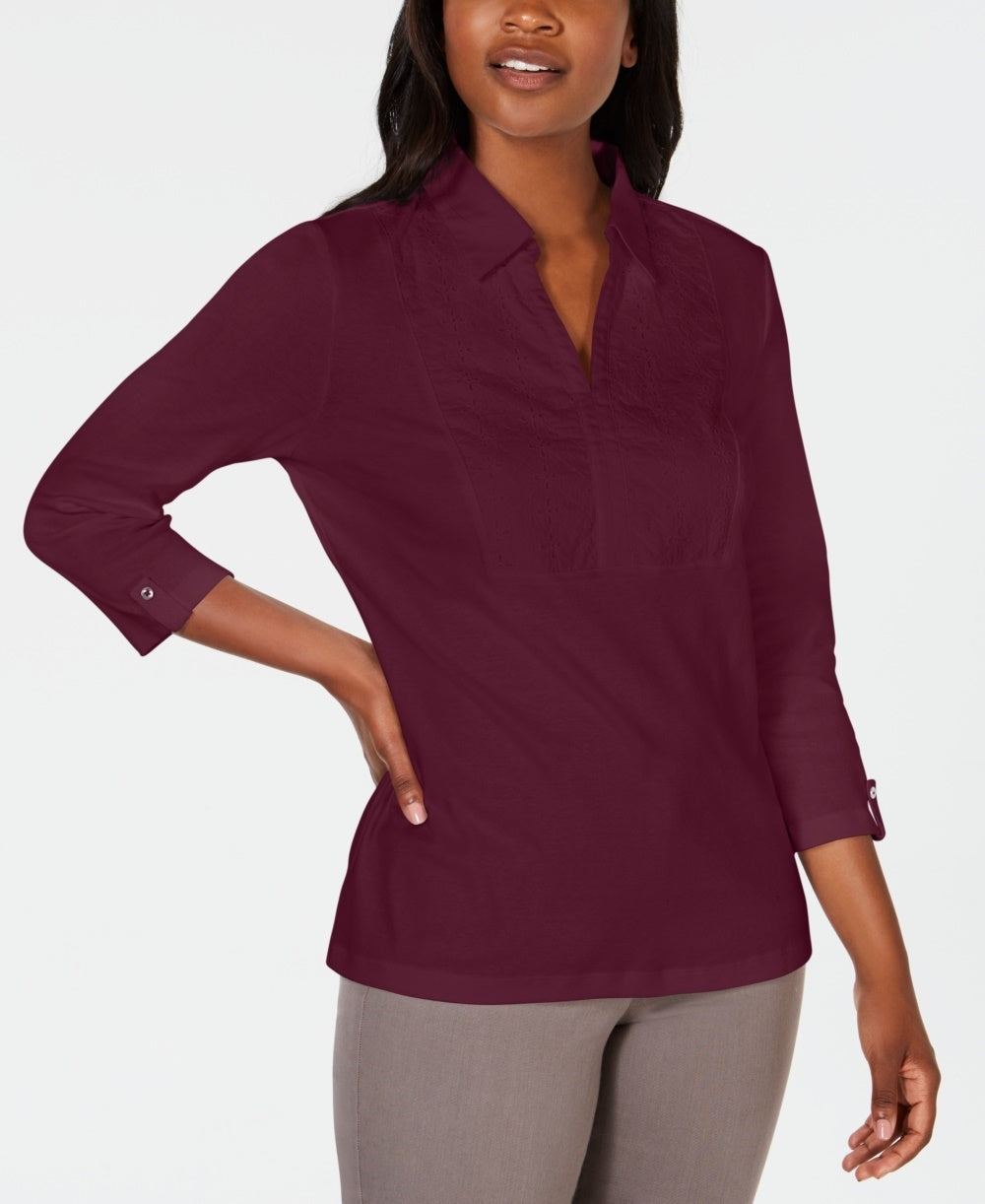 Karen Scott Women's Cotton Eyelet Yoke Top Red Size X-Small