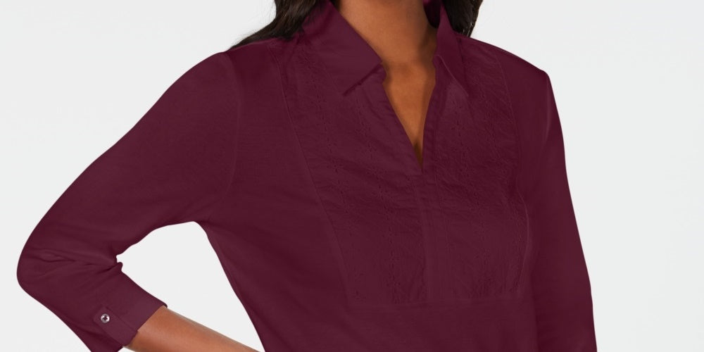 Karen Scott Women's Cotton Eyelet Yoke Top Red Size X-Small