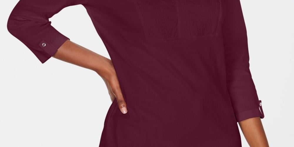 Karen Scott Women's Cotton Eyelet Yoke Top Red Size X-Small