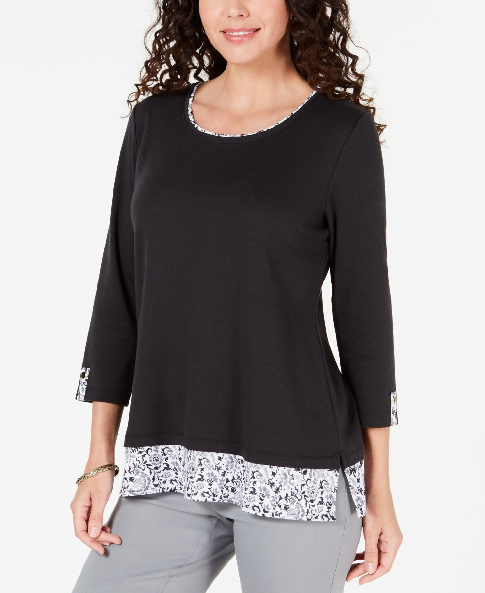 Karen Scott Women's Petite Printed-Trim Top Black Small