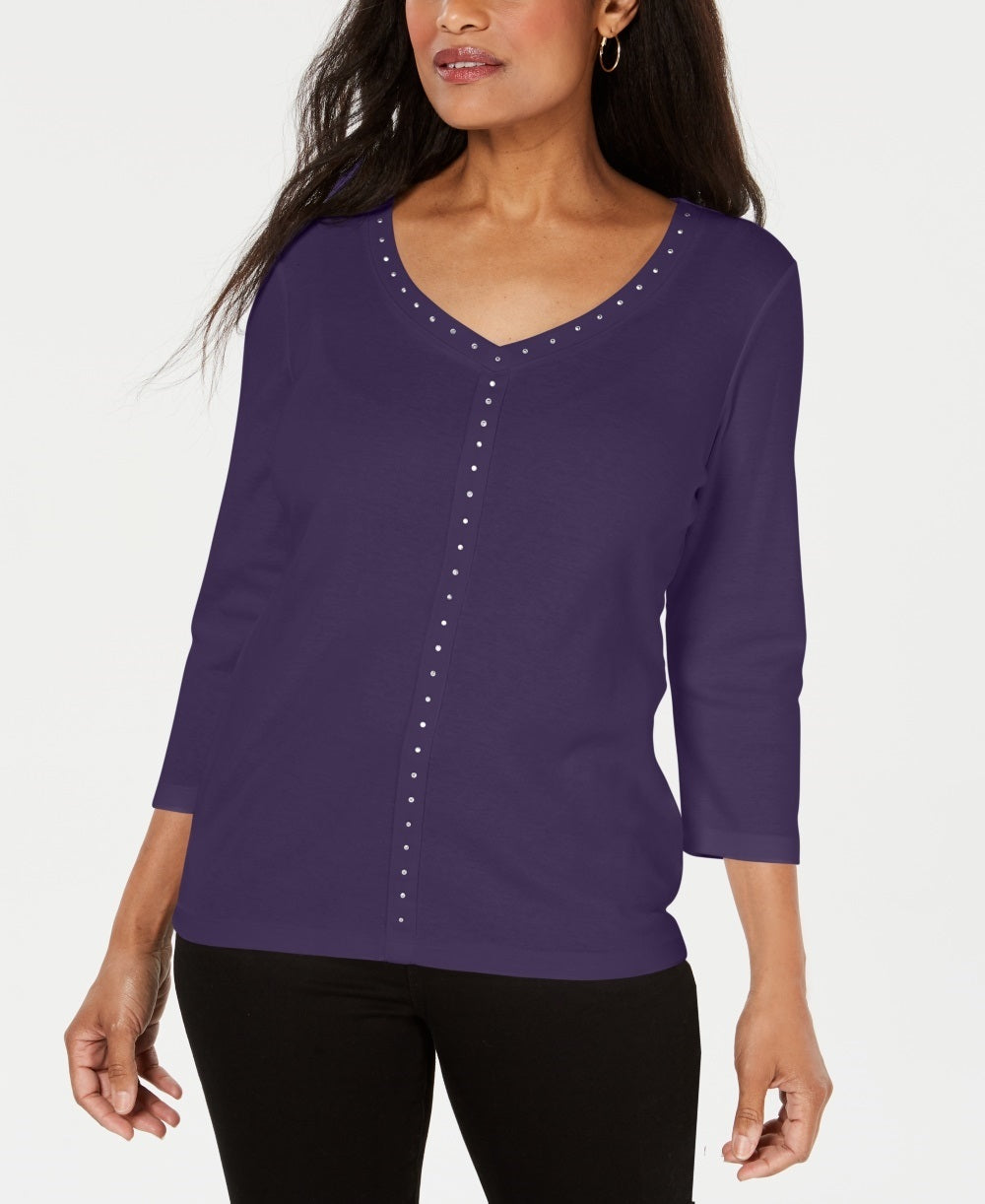 Karen Scott Women's V Neck Studded Top Purple Size X-Small