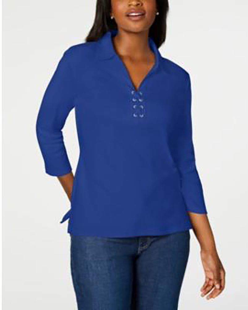 Karen Scott Women's Cotton Lace Up Shirt Ultra Blue Size Small