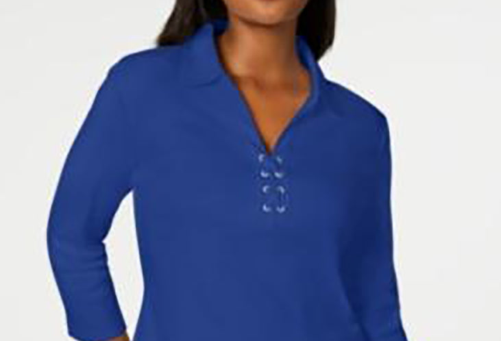Karen Scott Women's Cotton Lace Up Shirt Ultra Blue Size Small