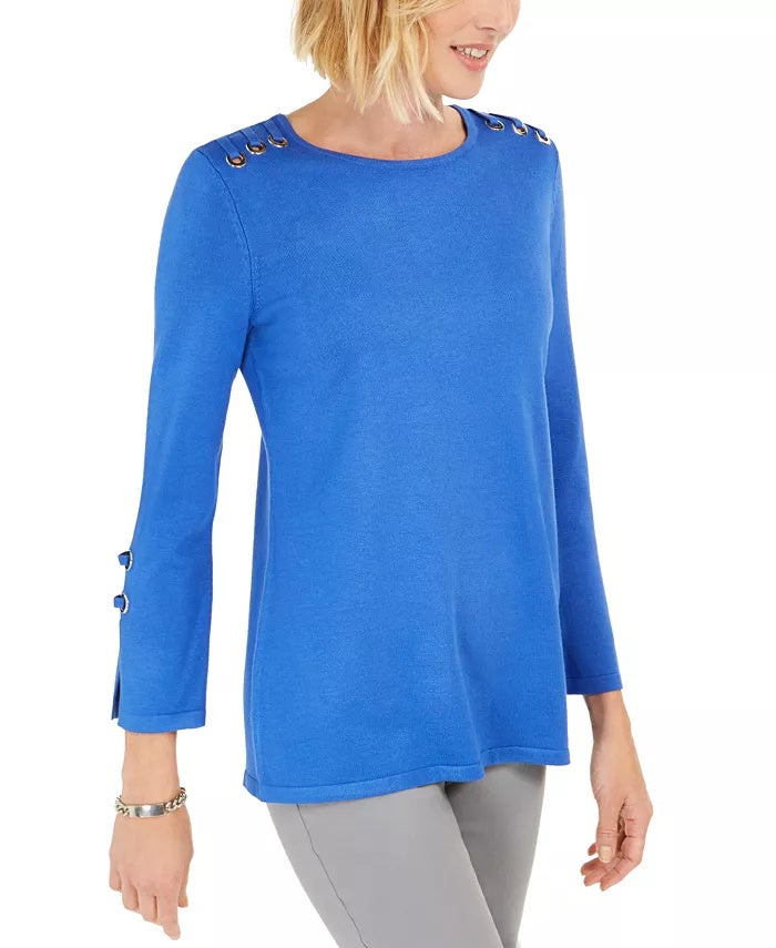 JM Collection Women's Embellished Scoop Neck Top Blue Size Large