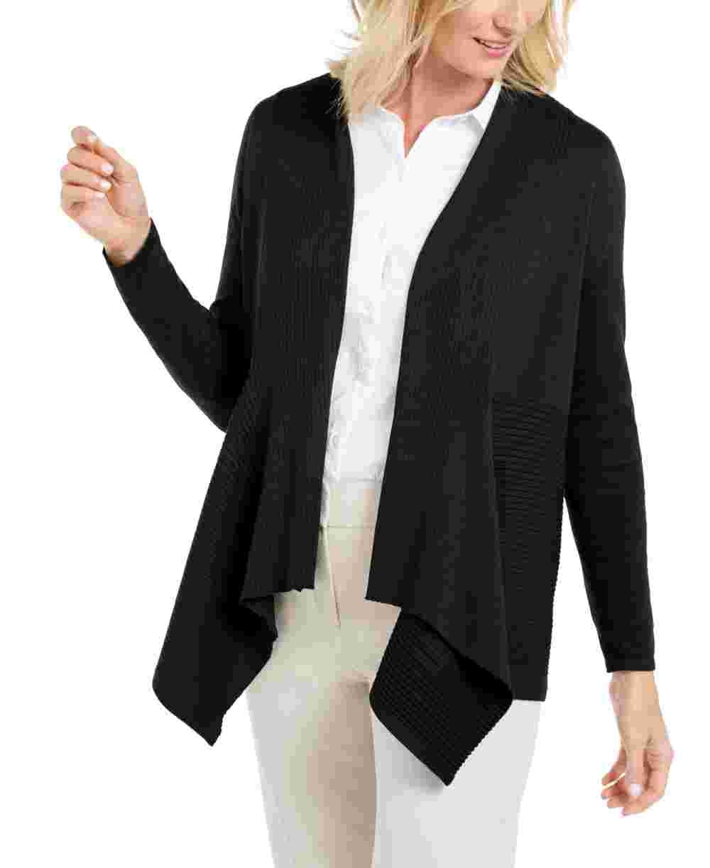 JM Collection Women's Petite Mixed-Ribbed Flyaway Cardigan Black Size Large