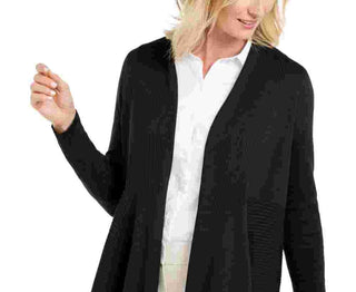 JM Collection Women's Petite Mixed-Ribbed Flyaway Cardigan Black Size Petite Small