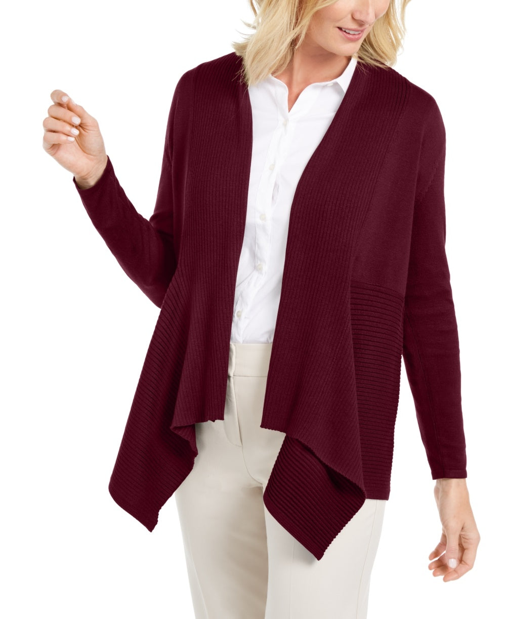 JM Collection Women's Petite Mixed-Ribbed Flyaway Cardigan Dark Purple Size  Large
