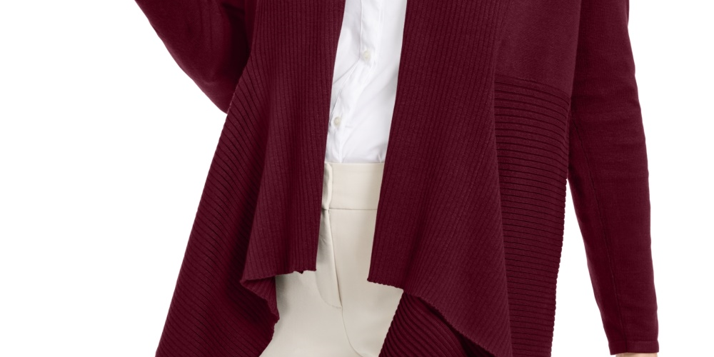 JM Collection Women's Petite Mixed-Ribbed Flyaway Cardigan Dark Purple Size  Large