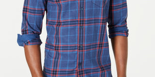 American Rag Men's Contrast Trim Plaid Shirt Navy Size Large