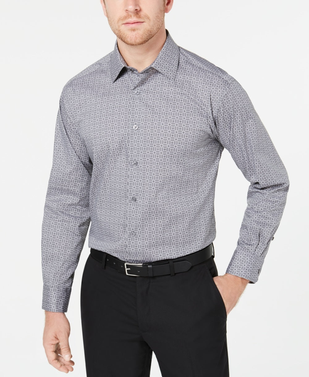 Alfani Men's Alfatech Classic/Regular Fit Performance Stretch Moisture-Wicking Wrinkle-Resistant Square Tile-Print Dress Shirt Gray Size 17X34-35
