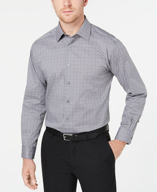 Alfani Men's Alfatech Classic/Regular Fit Performance Stretch Moisture-Wicking Wrinkle-Resistant Square Tile-Print Dress Shirt Gray Size 17X34-35