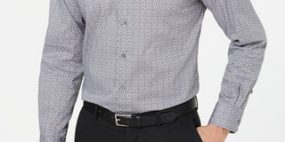 Alfani Men's Alfatech Classic/Regular Fit Performance Stretch Moisture-Wicking Wrinkle-Resistant Square Tile-Print Dress Shirt Gray Size 17X34-35