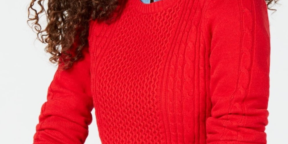 Charter Club Women's Patterned Long Sleeve Crew Neck Sweater Red Size Petite Small