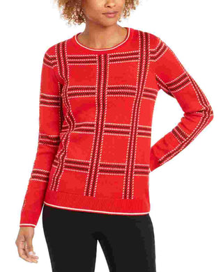 Charter Club Women's Printed Long Sleeve Crew Neck Blouse Top Red Size Petite Small