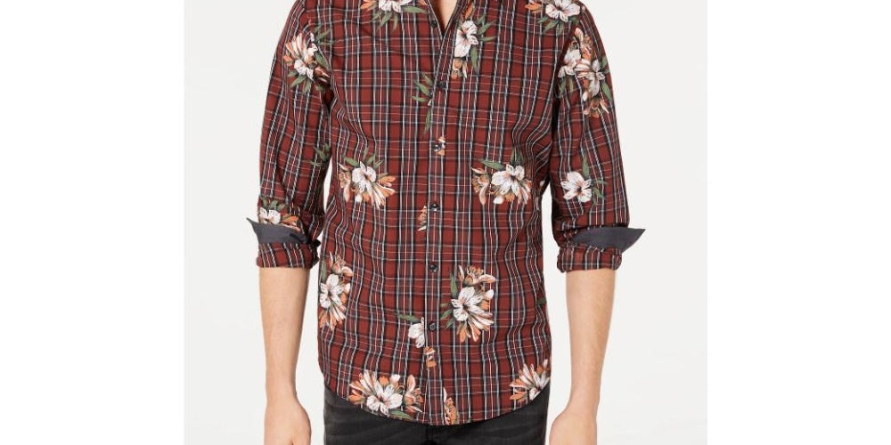 INC International Concepts Men's Plaid Floral Casual Shirt Red Size Small