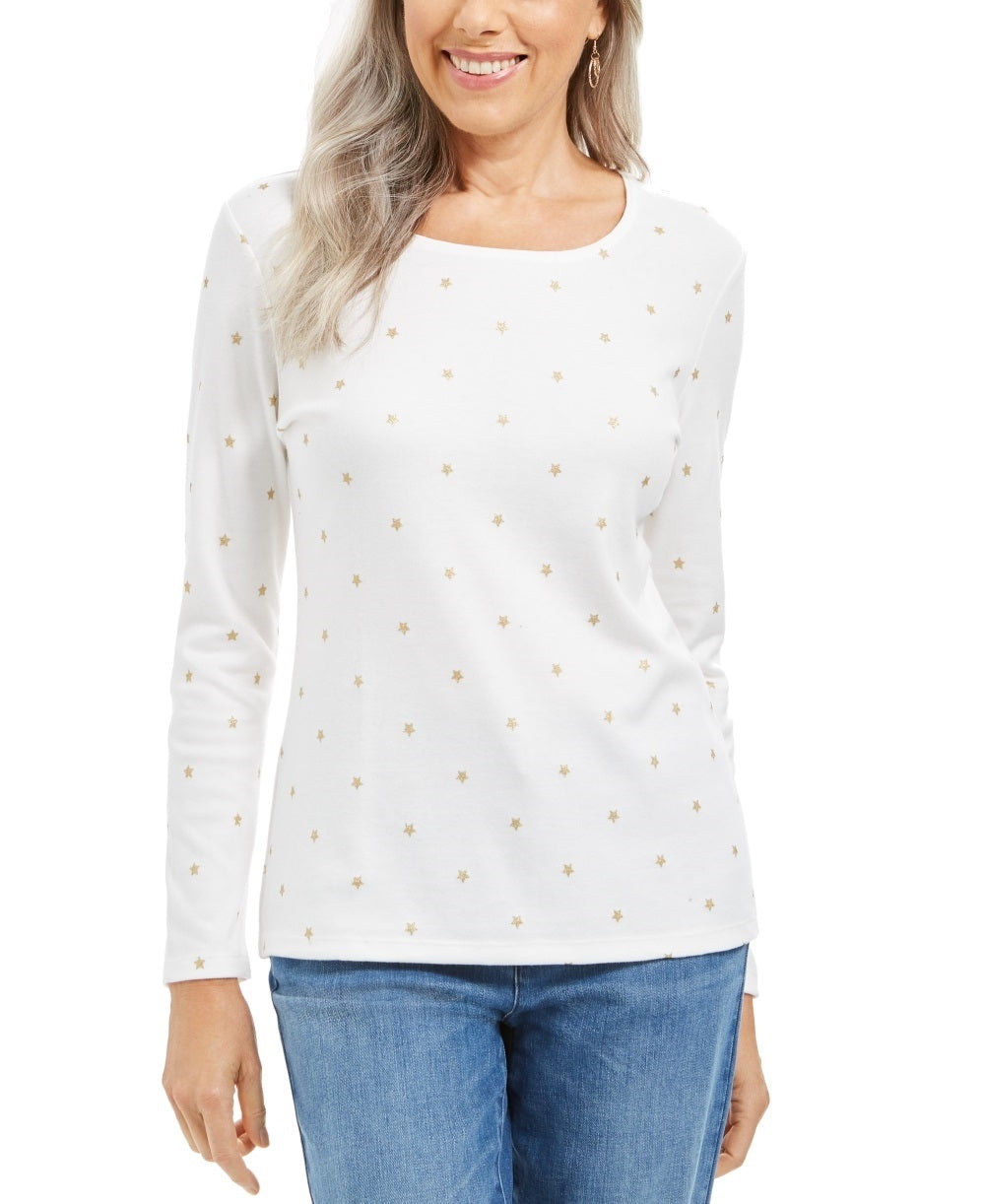 Karen Scott Women's Glitter Starburst Scoop Neck Top  White Size X-Large