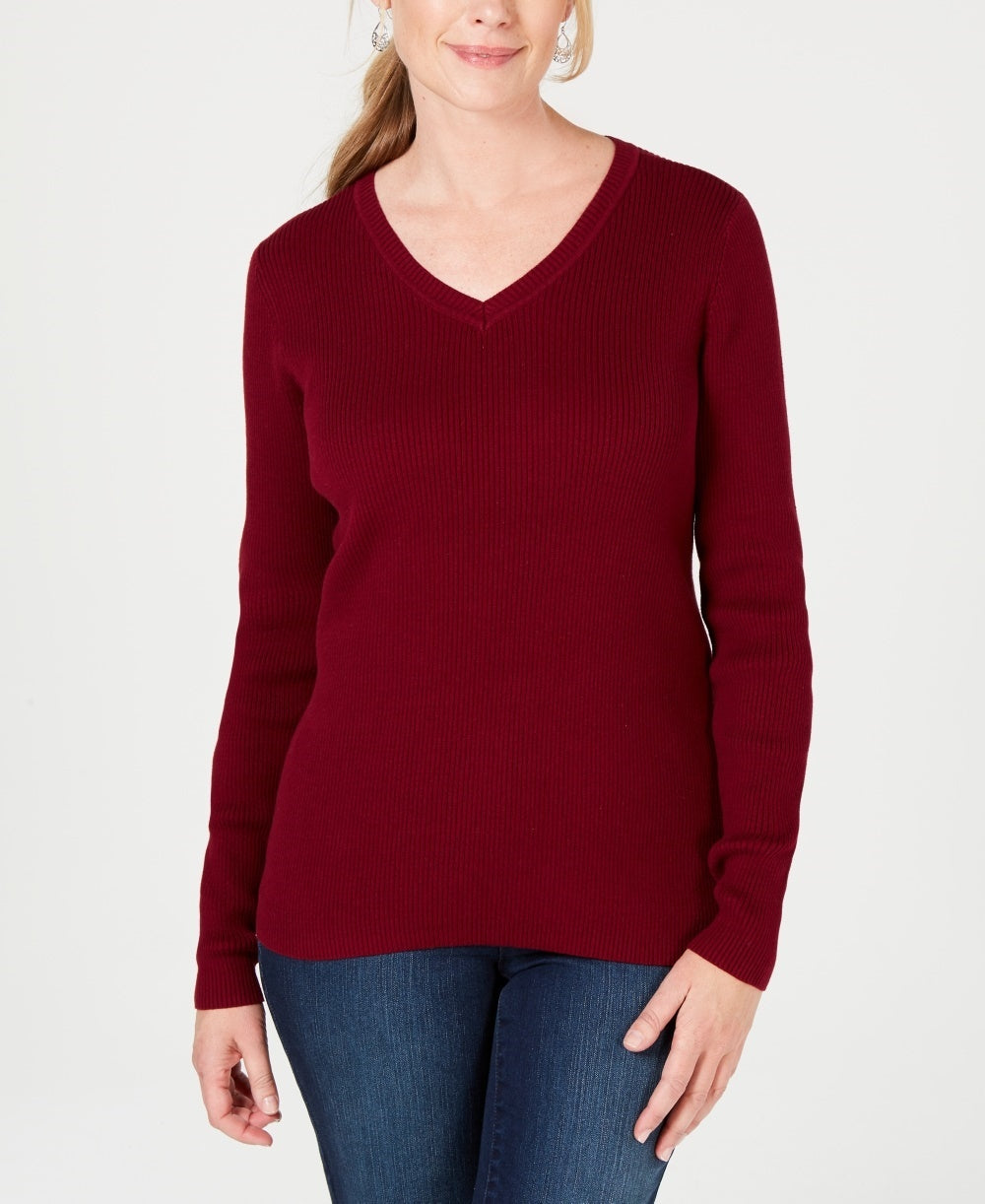 Karen Scott Women's Cotton V-Neck Sweater  Red Size Large
