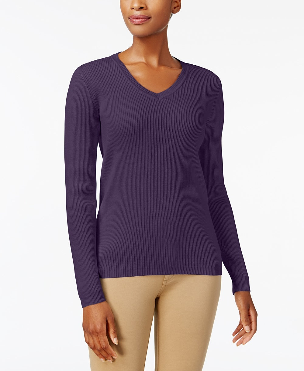 Karen Scott Women's Ribbed Knit Cotton Sweater Purple Size Petite Small-Medium