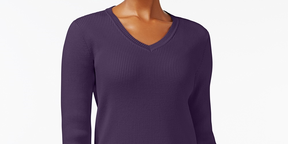 Karen Scott Women's Ribbed Knit Cotton Sweater Purple Size Petite Small-Medium