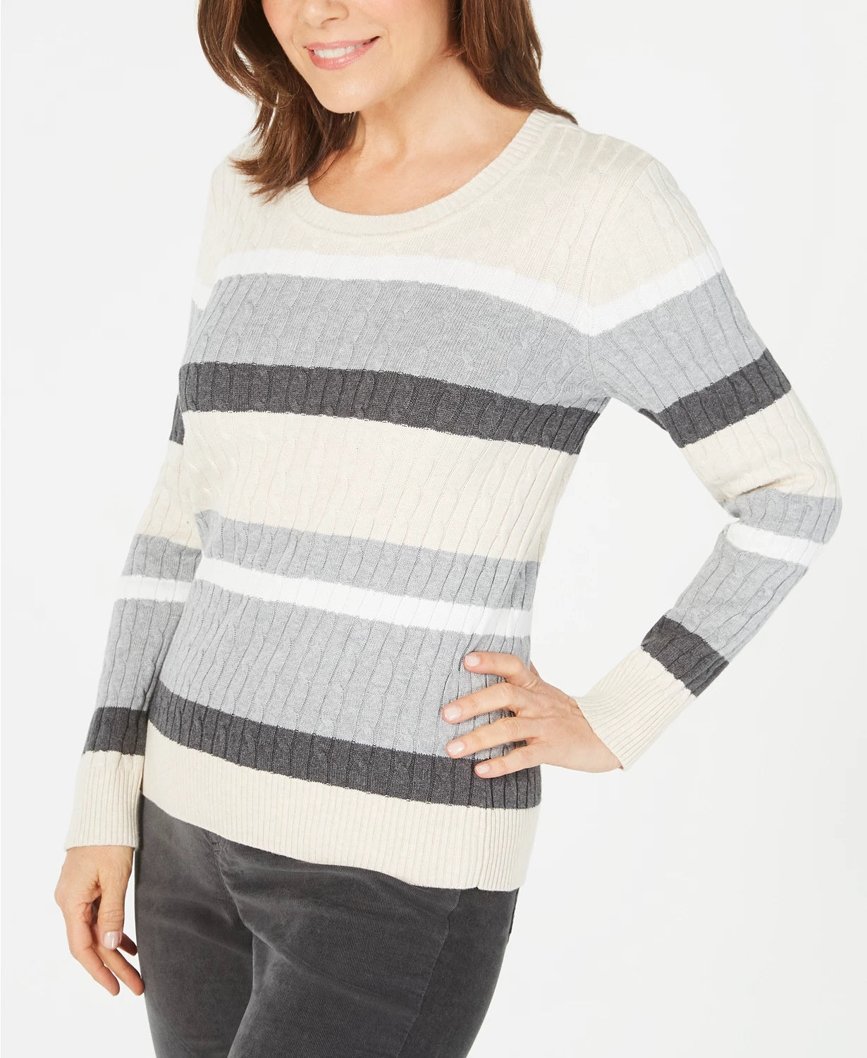 Karen Scott Women's Petite Cotton Striped Cable-Knit Sweater Brown Size Petite