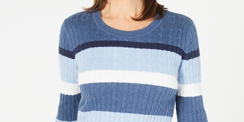 Karen Scott Women's Cotton Striped Cable Knit Sweater Blue Size Petite Large