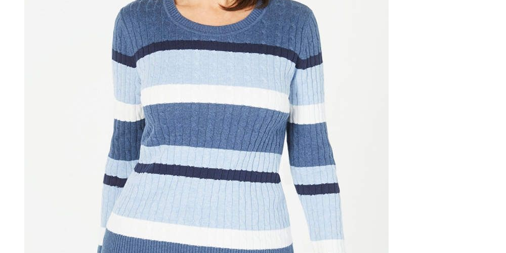 Karen Scott Women's Cotton Striped Cable Knit Sweater Blue Size Petite X-Large